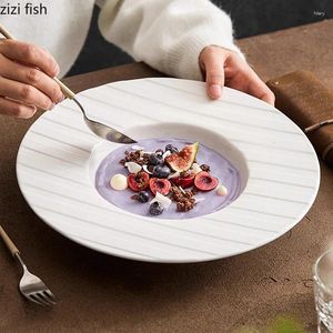 Plates Pure White Striped Ceramic Thick Soup Plate Restaurant Deep Salad Dessert Dish Molecular Cuisine Specialty Tableware