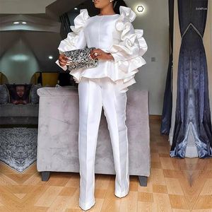 Etniska kläder 2 Tvådelar Set Women African Clothes Dashiki Autumn White Ruffles Splice Topps and Pants Elegant Office Suits For Ladies