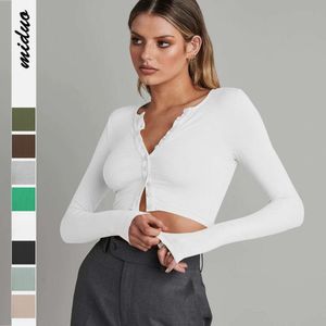 Pulsante a costine a costine a maniche lunghe a maglia a maglia a maglia a maglia autunno autunno femminile a corto scoperto navel versatile bm top f51429