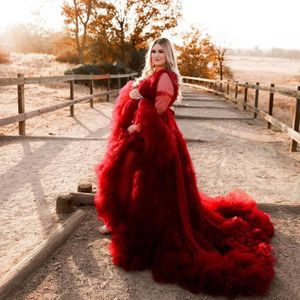 Red Ruffles Prom Dresses Plus Size Maternity Robes gravida kvinnor fotoshoot aftonklänningar fluffig mantel festklänning 306o