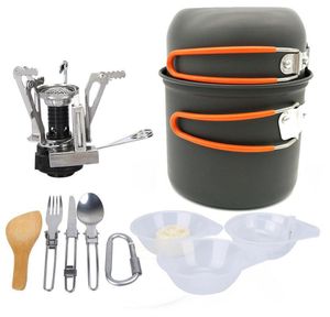 Cookware Set Outdoor Camping Vandring av ryggsäck Picknickköksredskap Kokverktyg Set Pot Pan Piezo Tändning Canister Spise Travel COO6939637