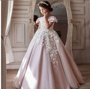 Flower Girl Dresses For Wedding Lace Appliqued Beads Pageant Gowns Satin Floor Length Ruffled First Communion Dress