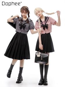 Work Dresses College Style Girl's Outfit Original JK Uniform Sailor Suit Black Pink Short Puff Sleeve Shirts Top Summer Midi Skirts Set