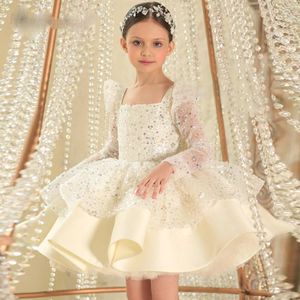 Glitter White Sequined Flower Girl Dresses Long Sleeves Birthday Wedding Guest Robe De Demoiselle Princess Communion 3079