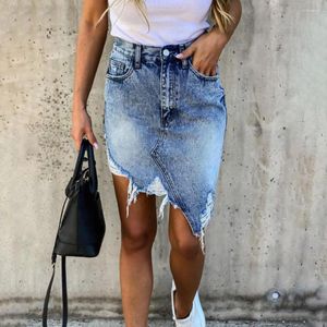 Skirts Back Pocket Denim Skirt Trendy Women's High Waist With Ripped Holes Irregular Hem Stylish Button For Streetwear