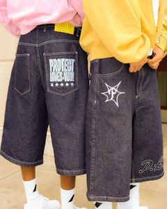 Shorts y2k para homens soltos casuais jeans hip hop punk ginástica masculino de verão rua preto calça de moletom 240514
