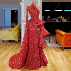 Dubai Arabic Red Mermaid Evening Dresses High Side Split One Shoulder Party Gowns Turkish Vestidos Formal Gowns Dress Evening Wear 213e