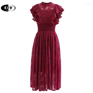 Party Dresses Lace Midi Women High Quality Elegant Black Red Elastic Waist A-line Ruffles Short Sleeve Summer Dress Z