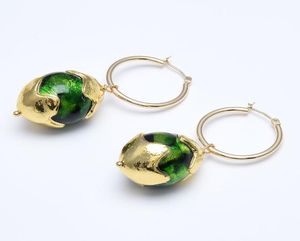 Guaiguai Jewelry Natural Green Moss Glass Ball Gold Color Plated Dangle Hook Acced Handmade for Women 4170675