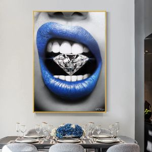 Wall Art Poster Print Blue Mouth With Diamond and Money Canvas Painting Wall Pictures For Girl's Room,Living Room