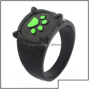 Band Rings Band Rings Cartoon Black Cat Claw Ring Girl Boy Green Enamel Love Paw Print Cute Jewelry Kid Punk Birthday Gift Drop Delive Dhm52