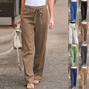 Yeni kadınlar yaz Avrupa ve Amerikan tarzı elastik bel düz renkli pamuk keten kumaş geniş bacak pantolonları gevşek uzun pantolon ast3492
