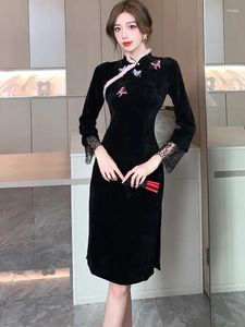 Casual Dresses 2024 Black Corduroy Chic Bow Midi Dress Autumn Winter Elegant Lace Long Sleeve Women Korean Vintage Hepburn Evening