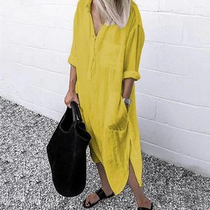 Casual Dresses Office Commute Dress Solid Color Buttons Female Pure Loose-fitting