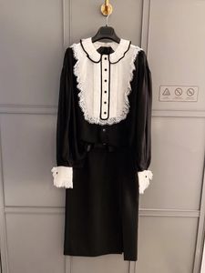 Sukienki robocze 2024Spring Summer Black Silk Patchwork Organza koronkowa okrągła szyja Koszulka z długim rękawem Kokardka Kobieta w kształcie litery H Woman Dwuczęściowy zestaw