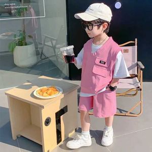 衣料品セット子供コットンスポーツセット夏の薄い男の子ピンク2024新しい子供服服ベビー半袖パッチワークTシャツ+ショーツD240514