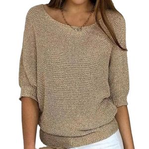 Women Sweaters Solid Color Pullover 3/4 Length Long Sleeve Tops Crew Neck Plus Size Lightweight Comfy Cozy Knitted Sweaters