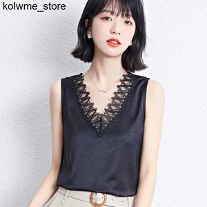 Kvinnors tankar Camis Womens Chic Summer Lace V Neck ärmlösa blus Elegant Office Wear Basic Tank Top Lady Solid Color V Neck Blus S24514