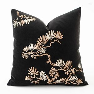 Kudde Dunxdeco Chinese Pine Tree Brodery Cover Retro Black Velvet Case Art House Office Soffa Chair Decoration