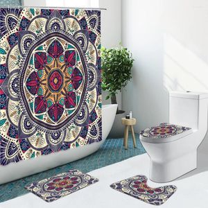 Shower Curtains 4Pcs Creative Mandala Flower Curtain Bohemian Geometry Pattern Bathroom Set Non-Slip Rug Toilet Cover Bath Mat Carpet Pad