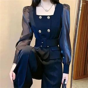 Women's Two Piece Pants Spring Autumn High-end Splicing Top Leisure Trousers Double Breasted Temperament Two-piece Female