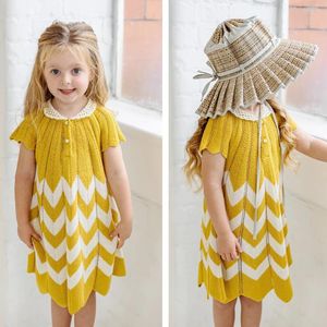 Vestidos de menina crianças para meninas suéter de malha de malha de manga curta vestido de bebê moda fofa moda amarela festa festa