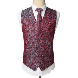 Men'S Vests Wine Red Paisley Tuxedo Vest Set Party Wedding Waistcoat Handkerchief Necktie Floral Jacquard Pocket Square Tie Suit Dro Dhrwm