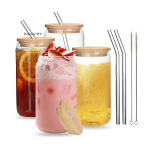 USA CA Warehouse Water With Bamboo Lid Straw Brush 4 Piece Set 16oz Can Ice Coke Cup Clear Frosted Glass 0514