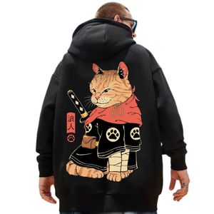 Herrtröjor tröjor samurai katt tryckt mens hoodie tröja med japanska element grafisk pullover för hösten vistas varma grundläggande hoodie extra stor kappa