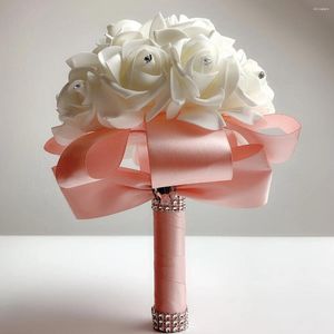 Bröllopsblommor 2024 God kvalitet Est Pe Rose Bridesmaid Foam Bridal Bouquet Ribbon Fake de Noiva
