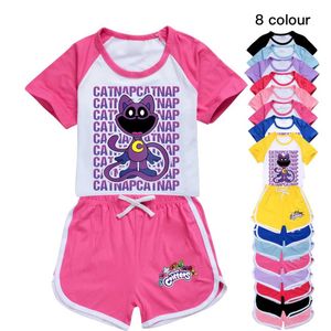 Kläder set leende critters katt tupplur klädbarn barn sommar t-shirt baby pojkar korta ärmstoppen topp shorts 2-stycken set förskoleflickor casual kläder d240514