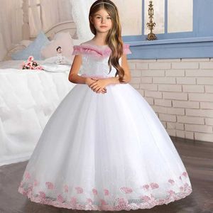 Mädchenkleider weiße Mädchen Langes Kleid Abendkleid Spitze Kontrast Blume Blume Kinder Kleid Chor Walk Show Klavier Performance Kleidung Y240514