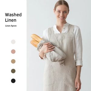 Simplicidade de linho de algodão Avental Mulheres cruzam o vestido Pinafore para cozinhar cozinha de cozinha de café Florist 240429