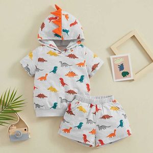 Conjuntos de roupas 2019-12-04 Lioraitiin 1-6y Summer Childrens and Boys Clothing Cartoon Print Capuz de manga curta Top-shirt e shorts elásticos de cintura D240514