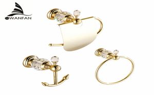 Bath Hardware sätter europeisk stilkrok på väggen lyxig kristall mässing pappershållare guld badrum hängningar handduk ring hk007026012