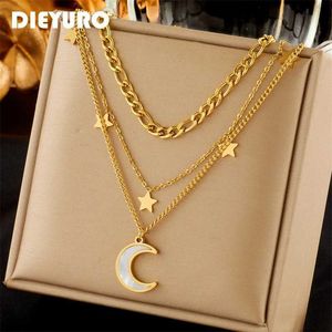 Pendant Necklaces DIEYURO 316L stainless steel curved moon star pendant necklace suitable for women new gold 3-in-1 necklace jewelry gift J240513