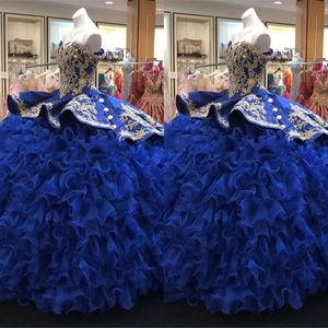 2023 كرات مذهلة ثوب Quinceanera فساتين الملكية الأزرق والذهبي مطرز Organza الكشكش ثاتة الأميرة الحلو 16 فستان P81Z