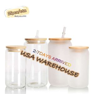 USA CA Warehouse 16Oz Sublimation Frosted Clear Reusable Double Wall Glass Water Bottle Beer Cans With Bamboo Lid 0514