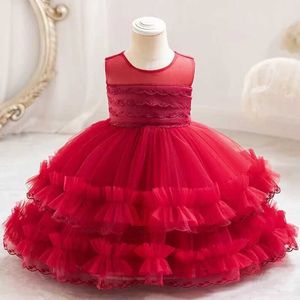 Girl's Dresses Baby Girl New Year Old Dress Mesh Fluffy Lace Princess Dress Newborn Wash Dress Suitable for First Formal Christmas Clothing Y240514