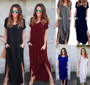 Casual Dresses Women's Loose Pocket Long Dress Short Sleeve T Shirt Solid Color Vintage V-Neck