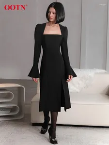 Casual klänningar sexig svart fyrkantig krage split klänning elegant flare hylsa en linje kvinnlig höstkontor solid blixtlås kvinnlig 2024