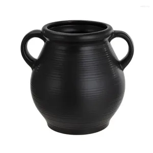 Vases Black Ceramic Tabletop Vase With Ribbed Finish Room Decorations For Men Beige Shelve Decor Chinese Hydroponic Plant