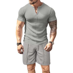 2024 men's basic Volkswagen style short sleeved shorts two-piece set, summer solid color vertical stripe casual set M514 47