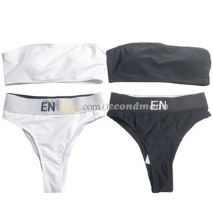 Kvinnor stropplösa badkläder hög midja bikinis set bokstäver webbing baddräkt strand semester baddräkt