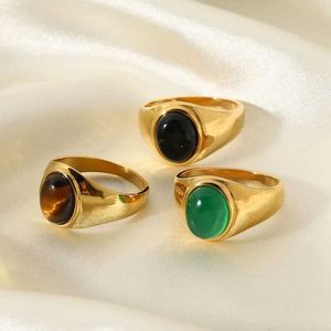 Anéis de cluster elegante anéis de aço inoxidável vintage para mulheres bohemia oval tigre olho stone obsidian anéis de jóias t240509