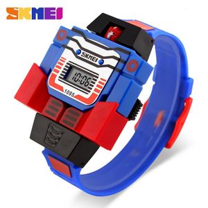 Relógios infantis skmei liderados para crianças digitais Cartoon Sports Watches Robot Transformation Toys Boys Wristwatches Montre Enfant 1095 240514