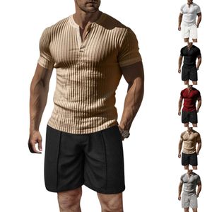 American Henry Shirt, Summer Casual Solid Color T-shirt, Shorts, Two-Piece Set, Men's Sports and Fitness Set M514 47