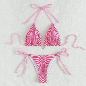 Kvinnors badkläder Bikini Set Sexig rosa randig Micro Thong String halter baddräkt Kvinnor Baddräkt Mini Triangel Mujer