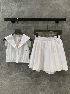 Runway Two Piece Skirts Designer New Summer 2 Two Piece Set Fashion sweet Women Sleeveless Solid White Crop Tops High Waist A-line Mini Skirt Set 2024