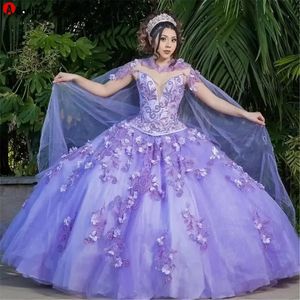 Elegant lätt lila lavendel quinceanera klänningar med Cape Lace Appliqued pärlstav korsett Vestido de 15 anos puffy kjol söt 16 klänning 232r